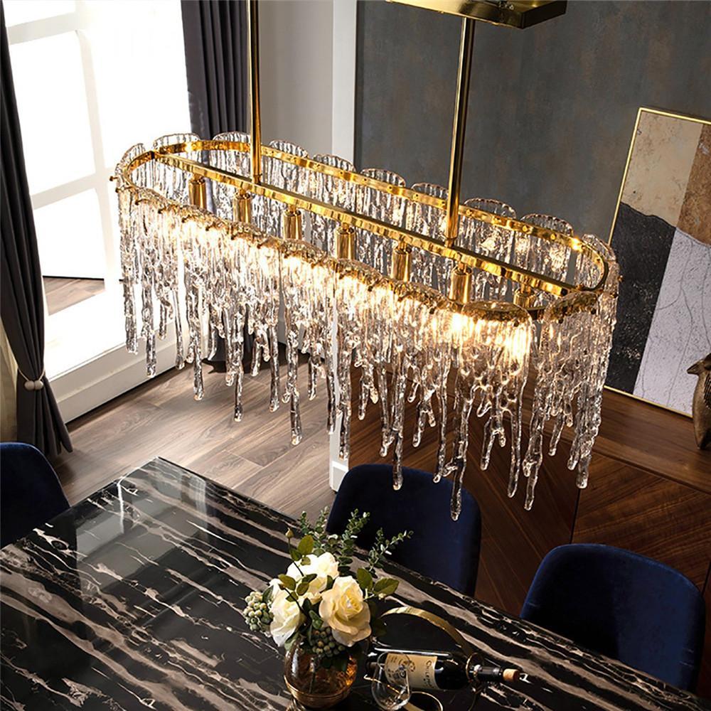 Lustre Rectangulaire Cristal Givré Doré pour Salle à Manger