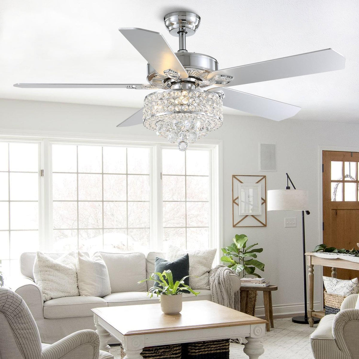 Ventilateur de Plafond Cristal Argenté 3 Lumières