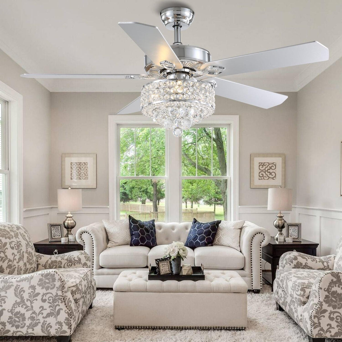 Ventilateur de Plafond Cristal Argenté 3 Lumières
