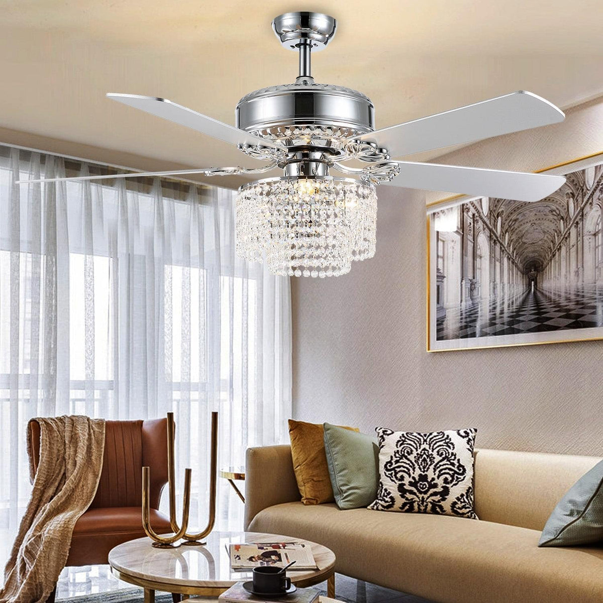 Ventilateur de Plafond Rond Cristal Argenté Salle à Manger