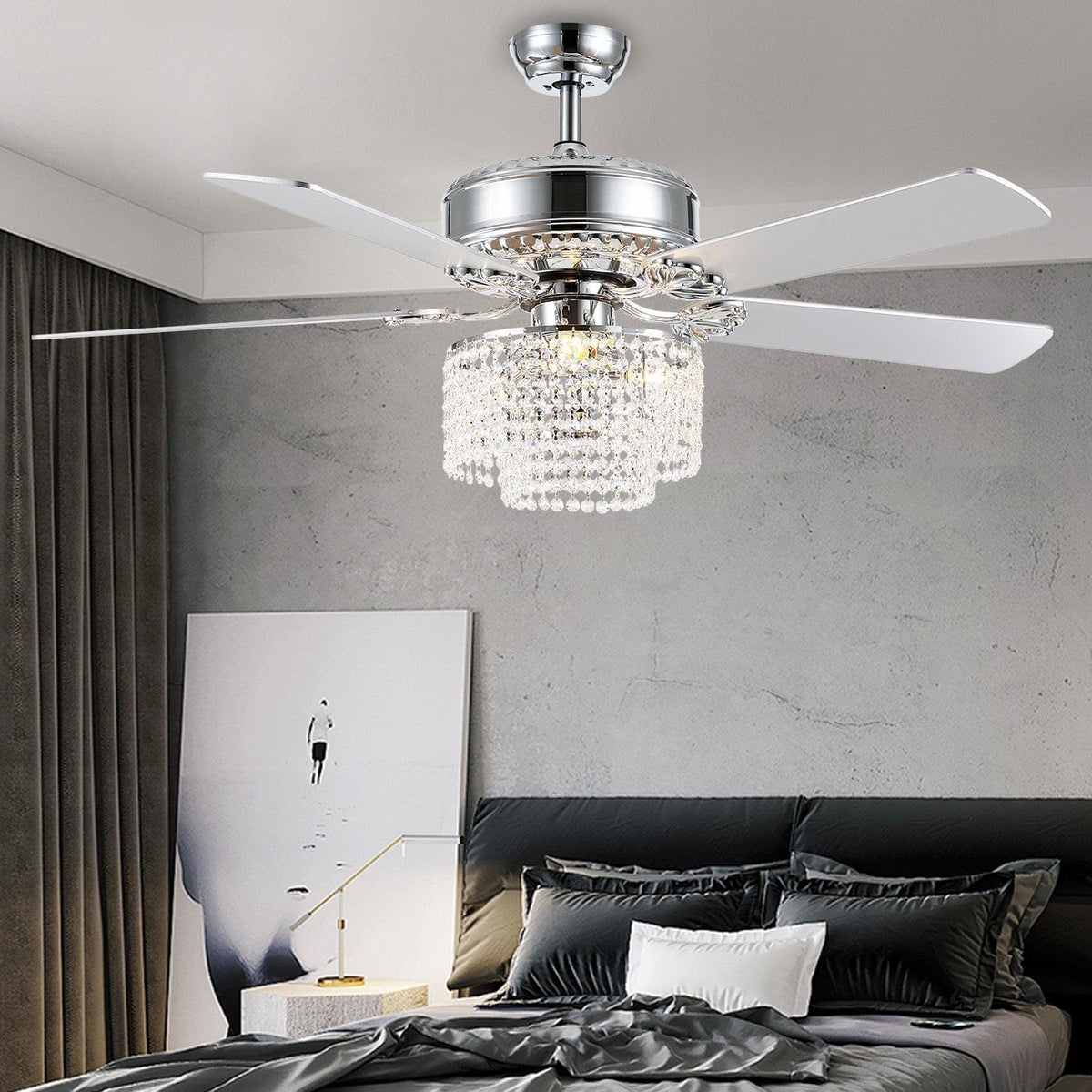 Ventilateur de Plafond Rond Cristal Argenté Salle à Manger