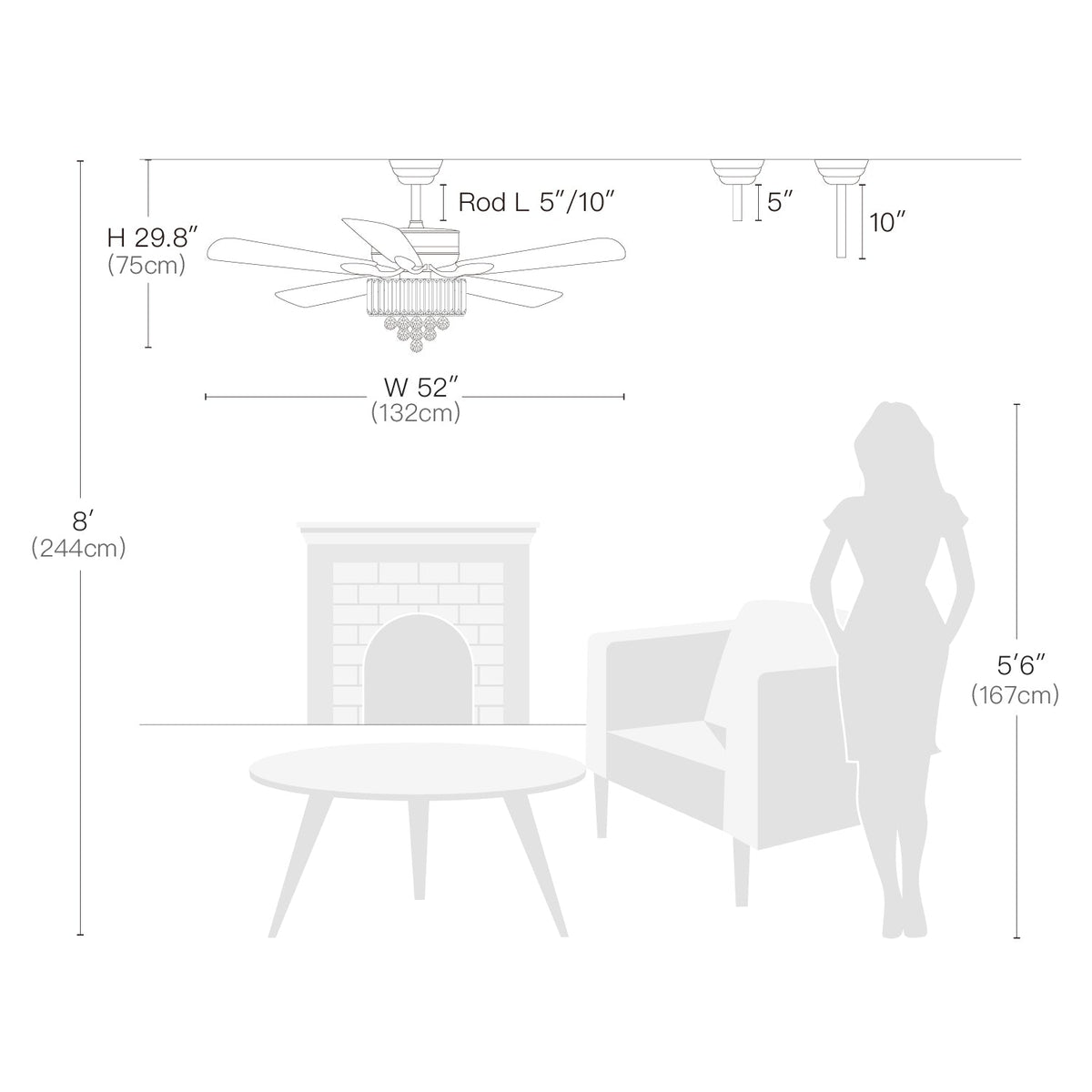 Ventilateur de Plafond Cristal Noir & Chrome