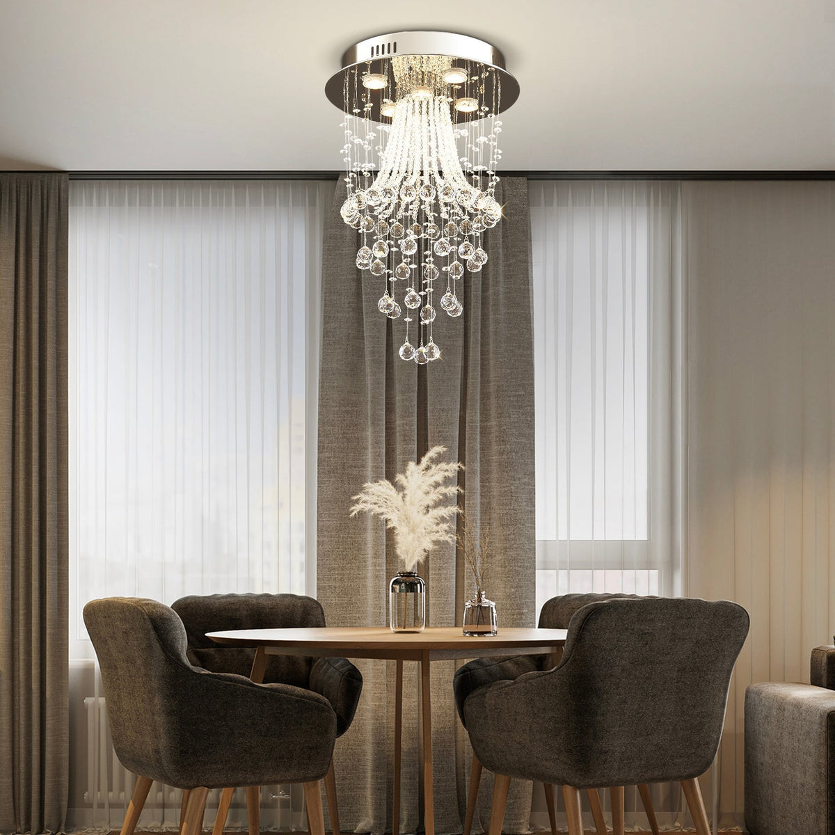 Lustre Rond Cristal Argenté Salon