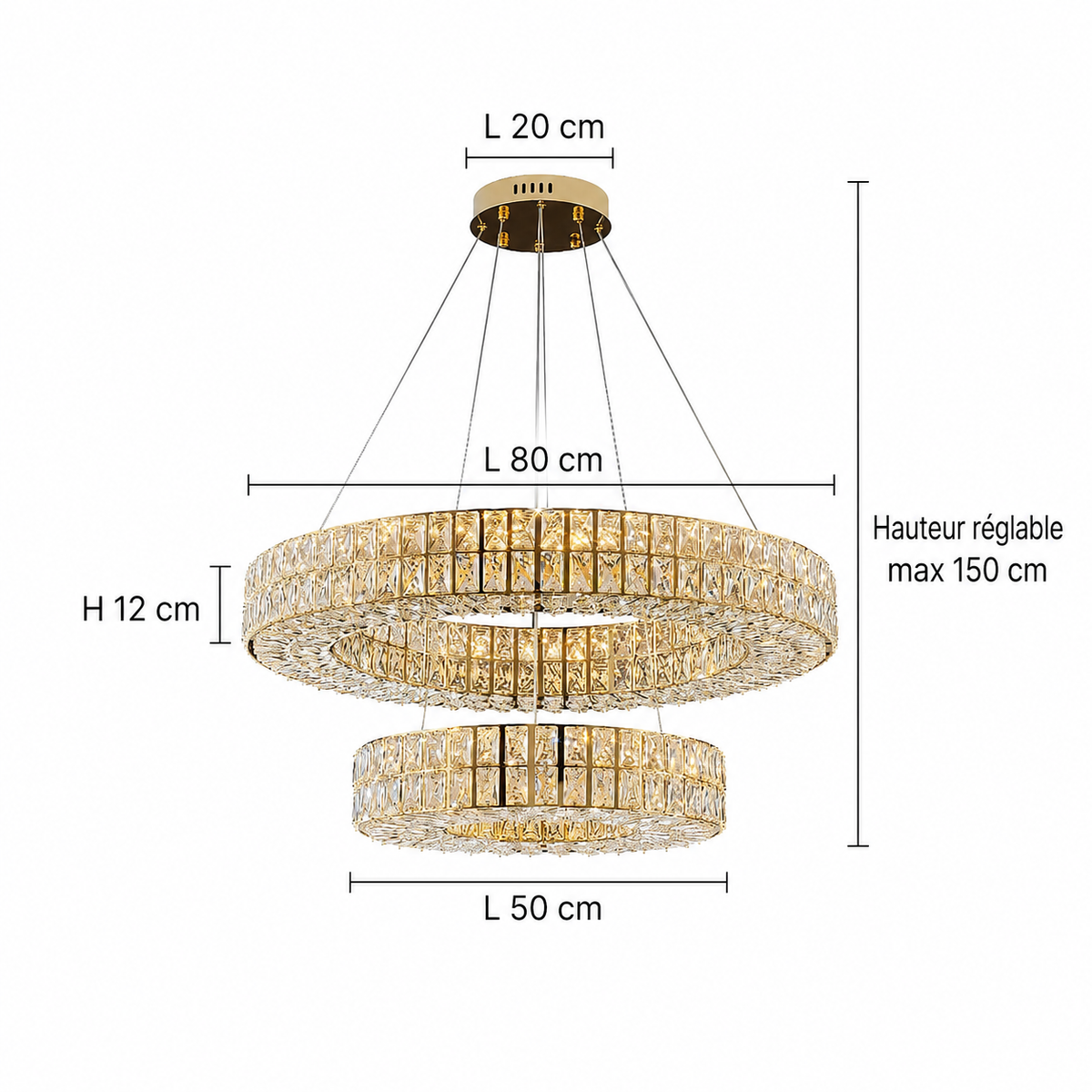 Lustre Cristal Doré à Double Anneau pour Salle à Manger