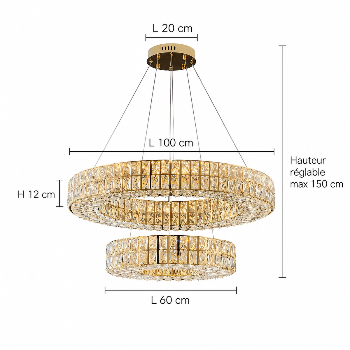 Lustre Cristal Doré à Double Anneau pour Salle à Manger