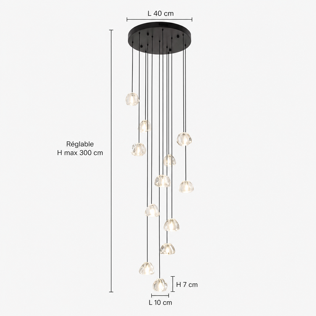 Lustre Cascade LED Noir et Cristal pour Escalier