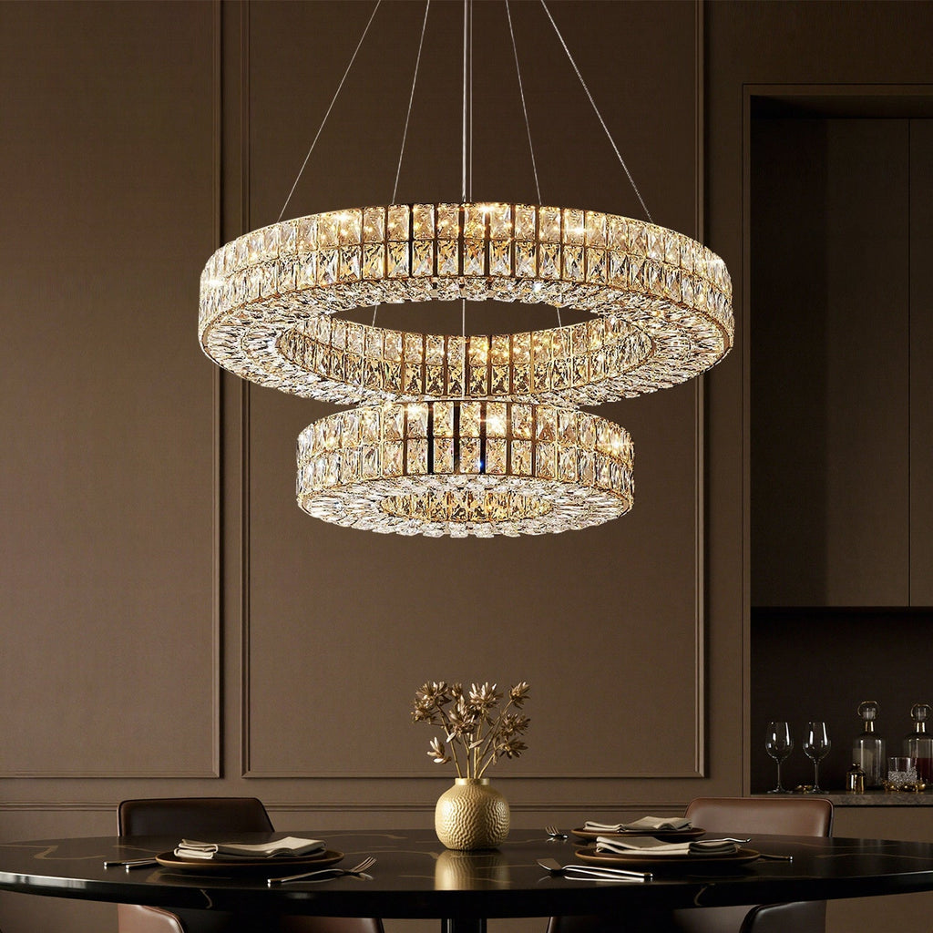 Lustre Cristal Doré à Double Anneau pour Salle à Manger