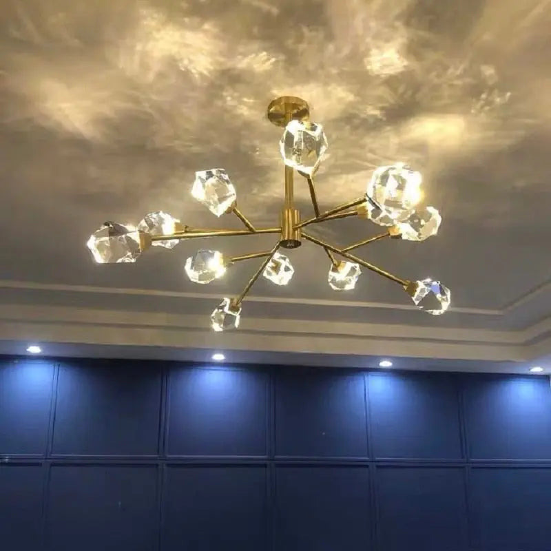 Lustre Doré en Verre et Cristaux