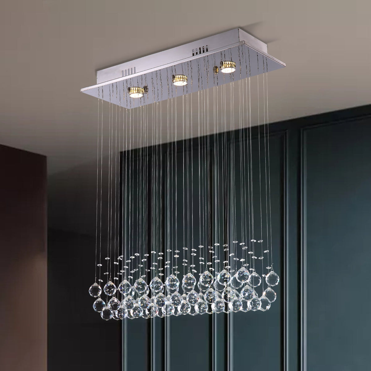 Lustre Rectangulaire Cristal Argenté 3 Lumières