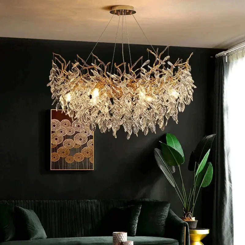 Lustre Cristal Feuillage Doré Luxueux
