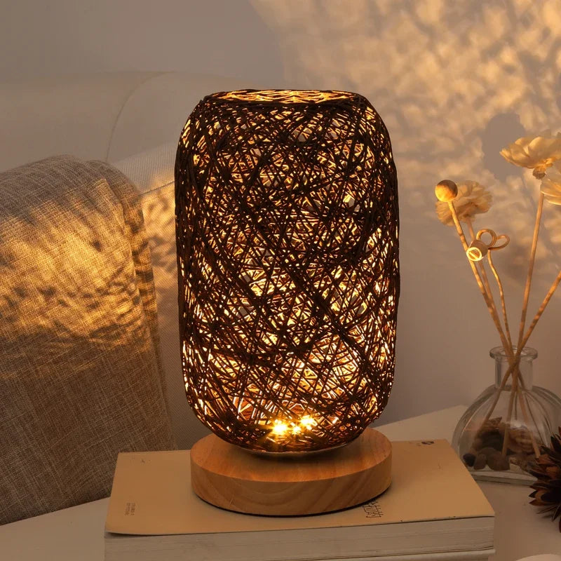Lampe De Chevet Rotin Et Bois