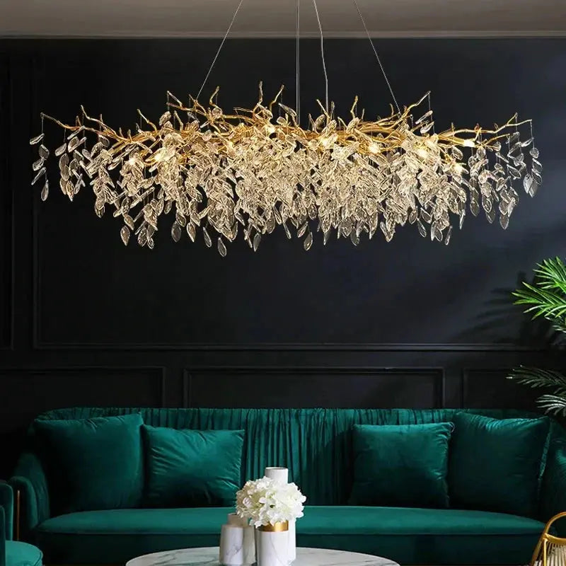 Lustre Cristal Feuillage Doré Luxueux