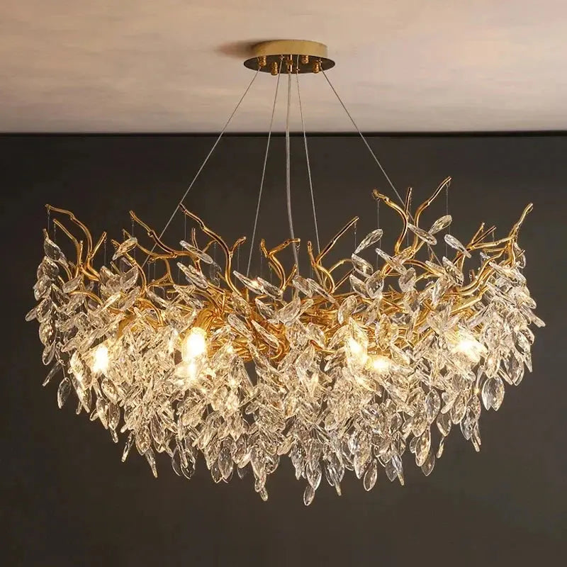 Lustre Cristal Feuillage Doré Luxueux