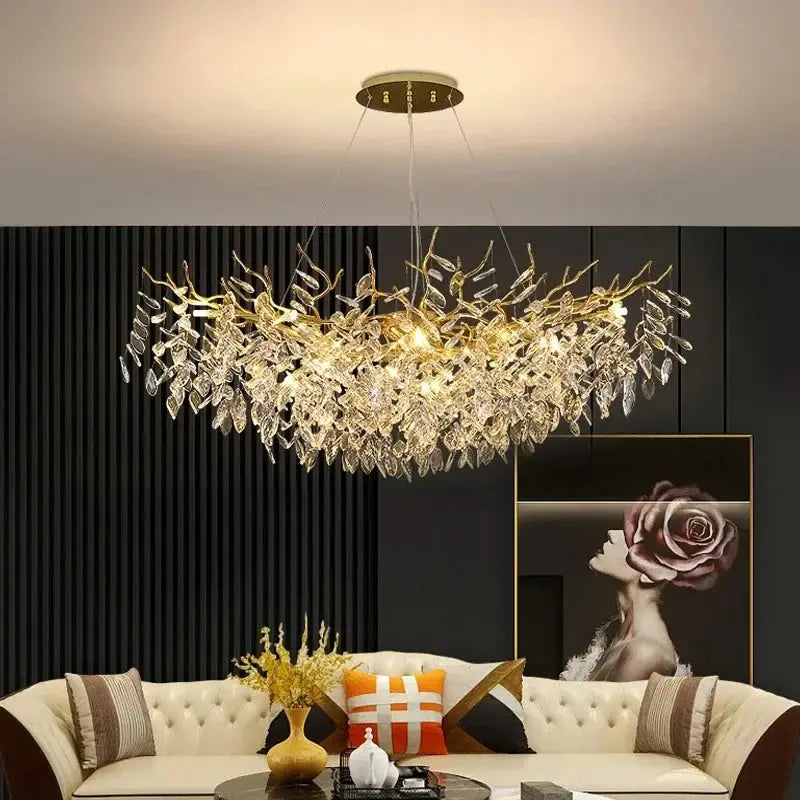 Lustre Cristal Feuillage Doré Luxueux