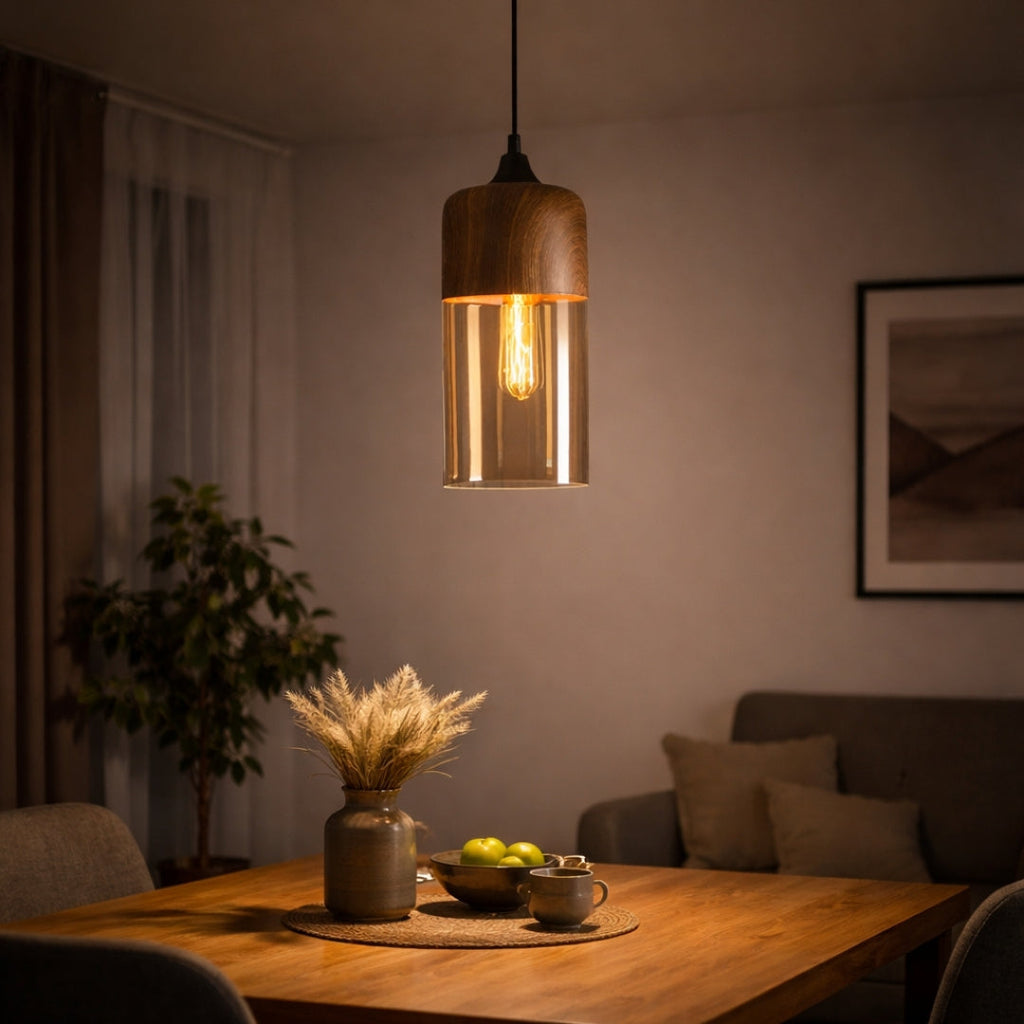 Suspension Bois et Verre Style Loft Rétro Design Moderne
