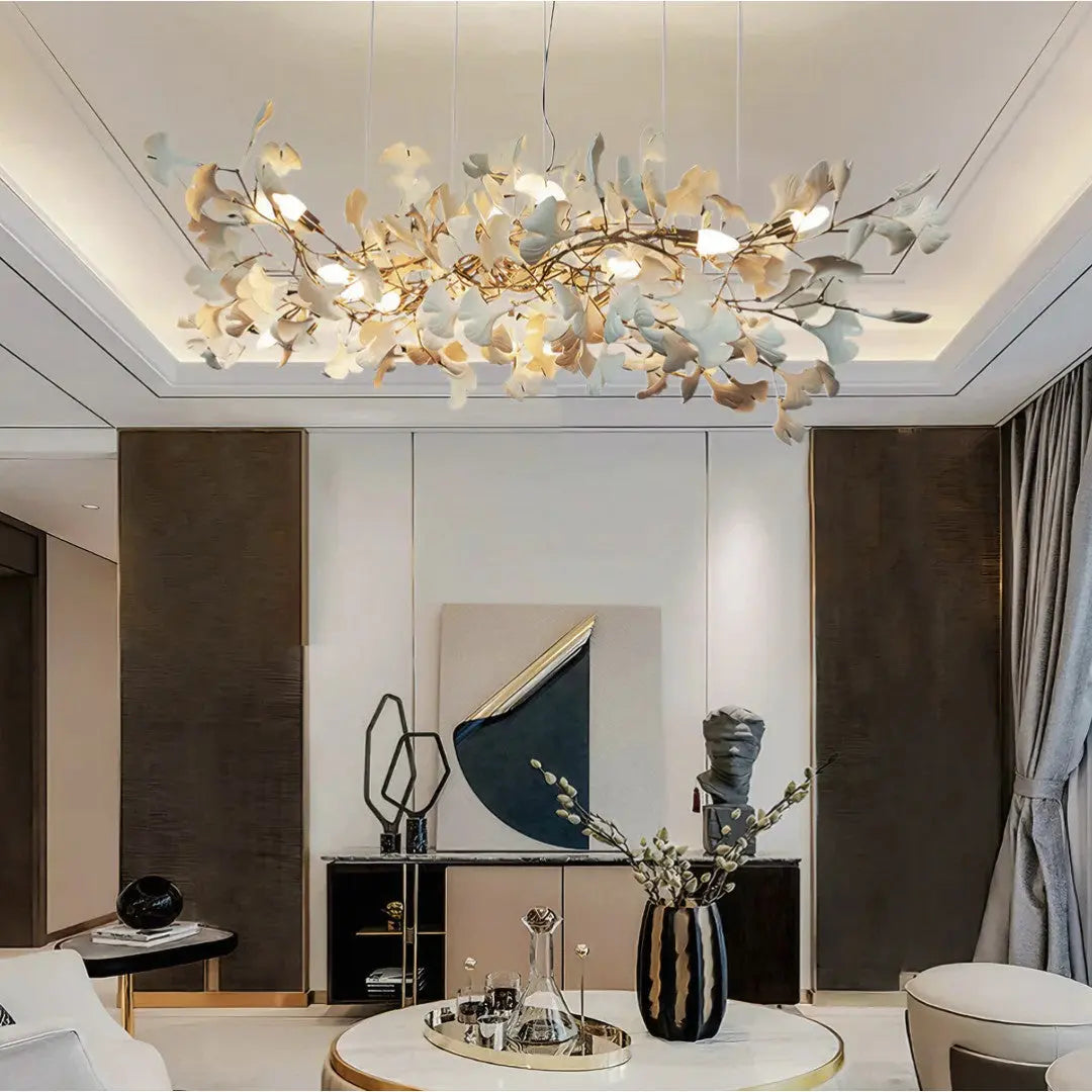 Lustre Feuilles en Céramique et Métal Doré
