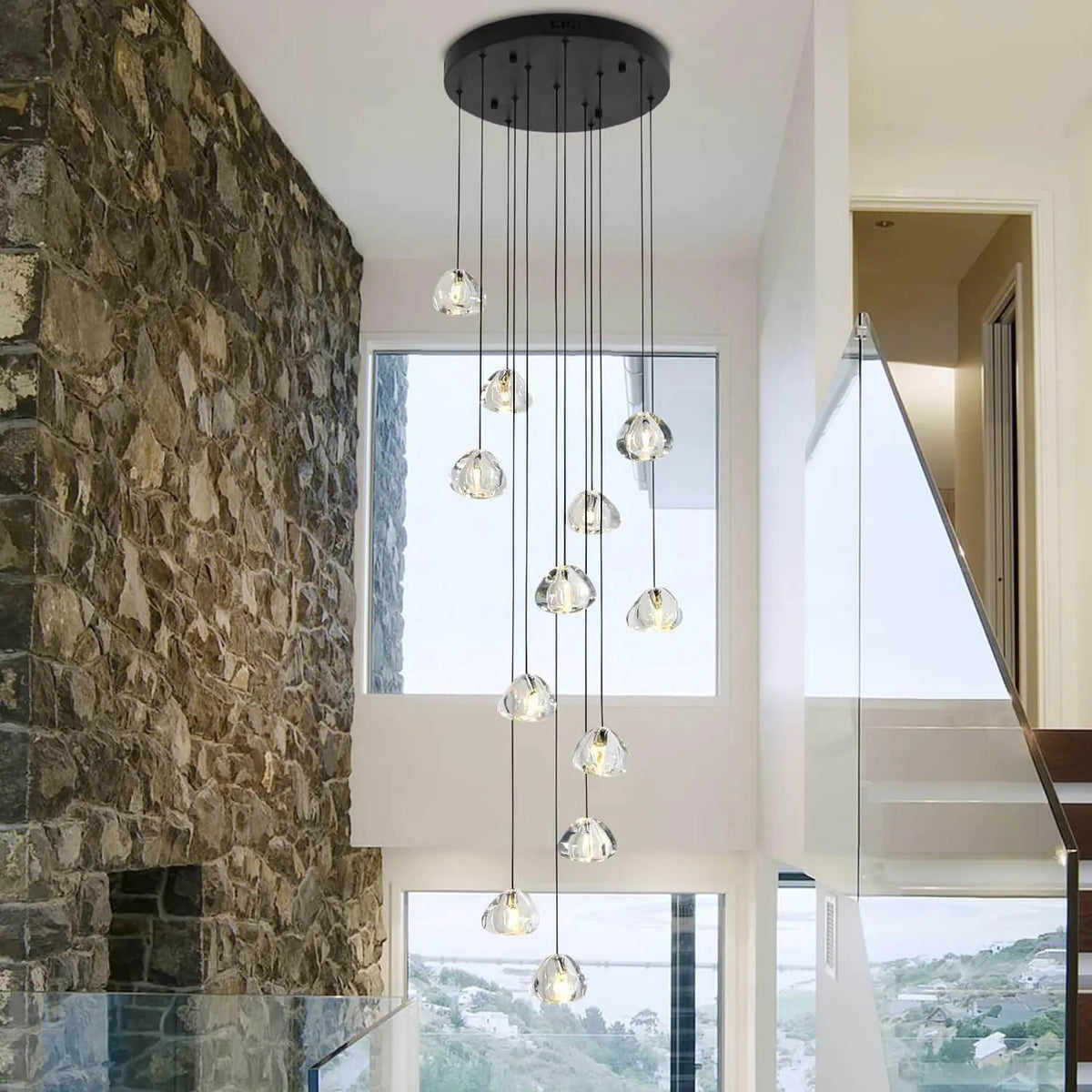 Lustre Cascade LED Noir et Cristal pour Escalier