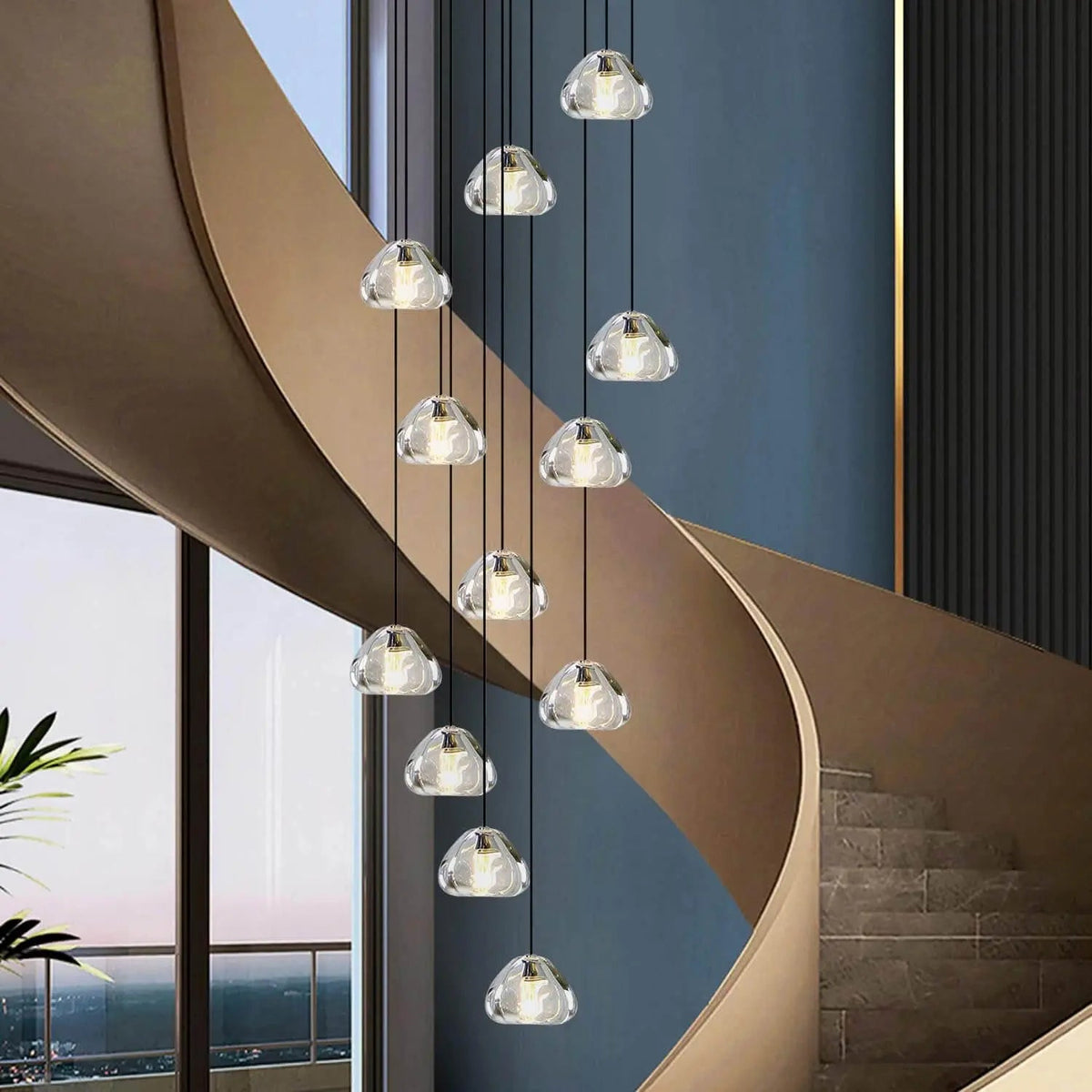 Lustre Cascade LED Noir et Cristal pour Escalier