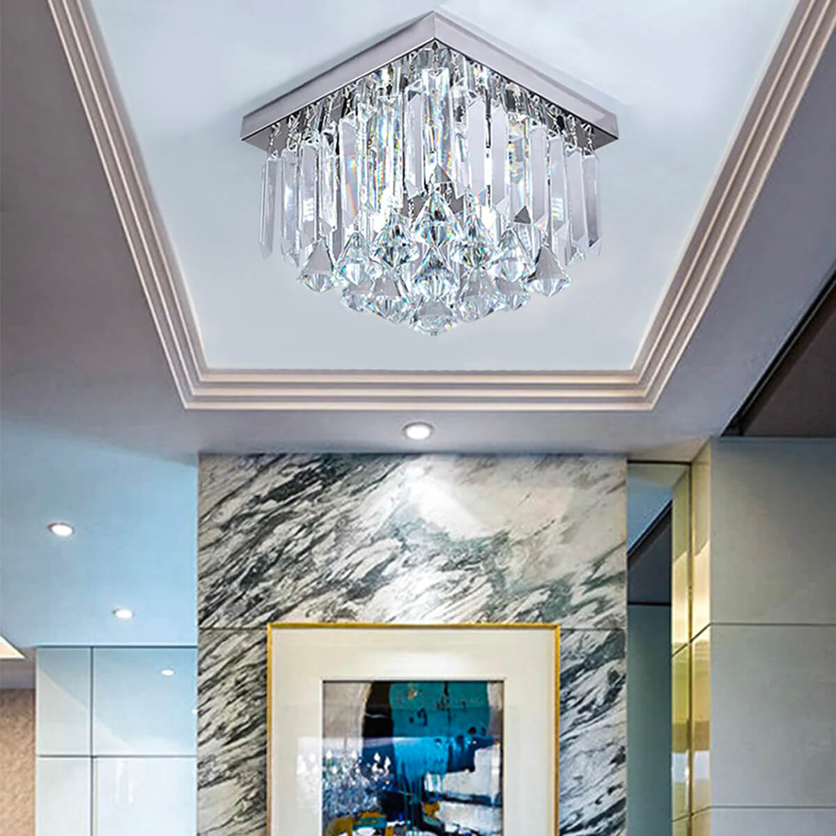 Lustre Carré Cristal Argenté 2 Lumières