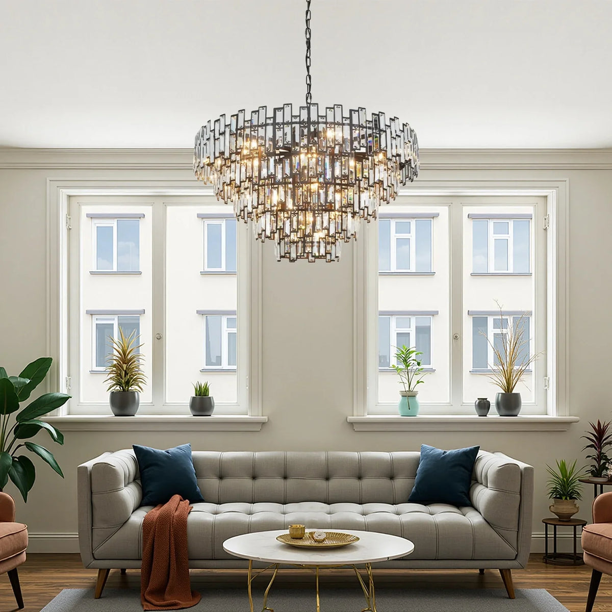 Lustre Cristal Noir K9 Rond pour Salle à Manger