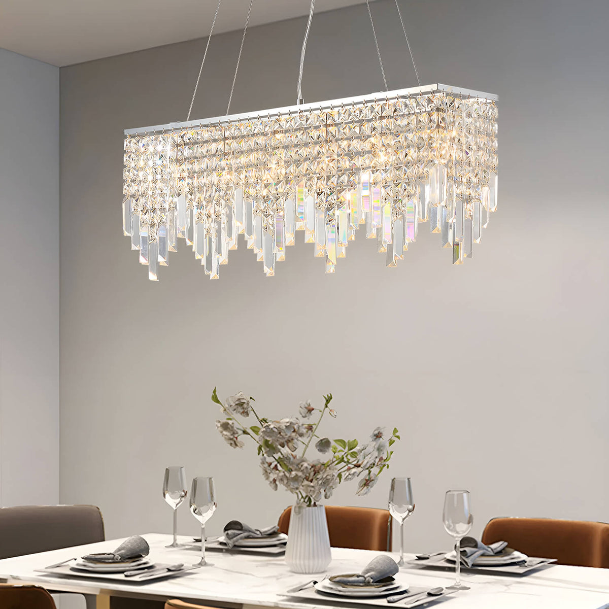 Lustre Rectangulaire Cristal Argenté 4 Lumières
