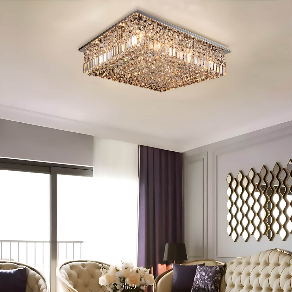 Lustre Rectangulaire Cristal Argenté 16 Lumières