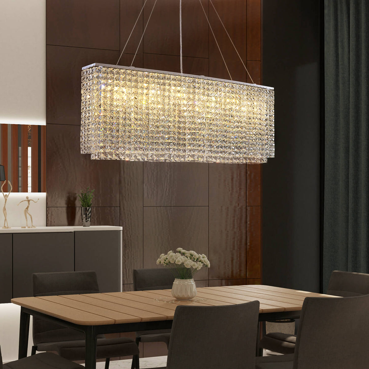 Lustre Rectangulaire Cristal Argenté Salle à Manger