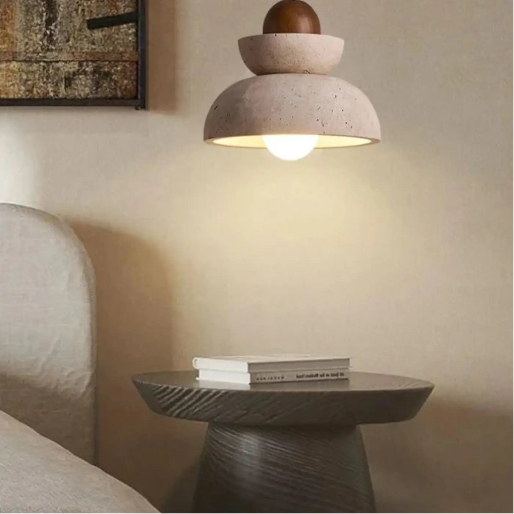 Lampe Suspendue Bois et Pierre Épurée