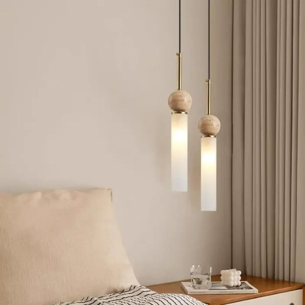 Lampe Suspendue Scandinave Pierre Bois et Verre Opale